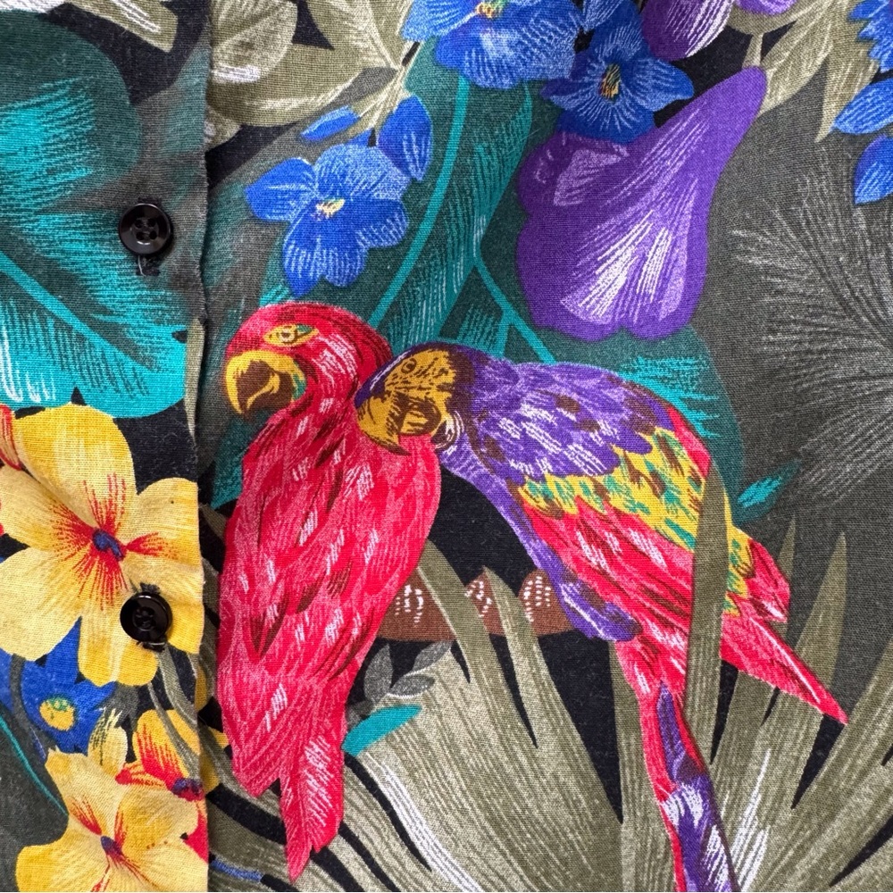 Vintage 90s Tropical Floral Parrots Hawaiian Shirt Blouse Tiki Butterfly Jungle - Picture 4 of 10